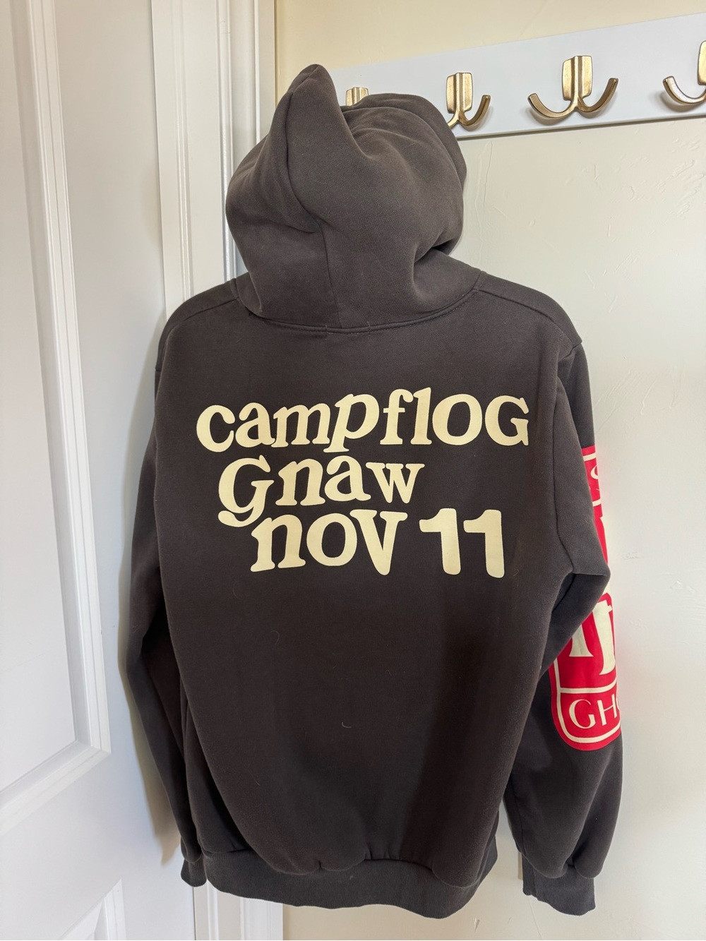 LONELY GHOST Black Hoodie with Cream Lettering, Red Heart & Teal Sleeve Accent - Picture 6 of 7